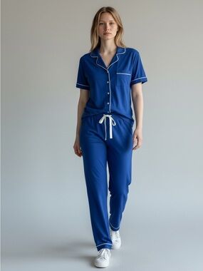 Blue 100% Cotton Pajama Set White Piping Short Sleeve Capri Pants Size S